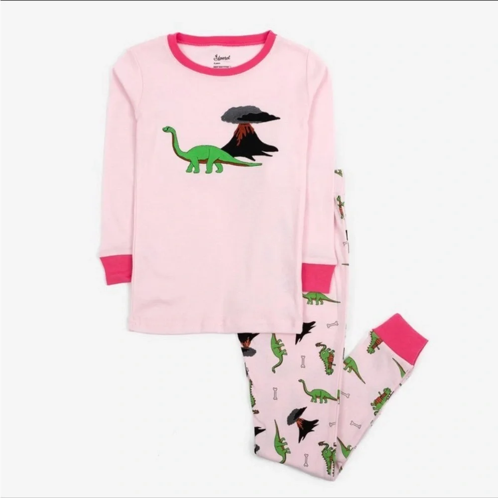 NWT Leveret Girls Long Sleeve Two-piece Pink Embroidered Dinosaur Pajamas - Picture 1 of 6